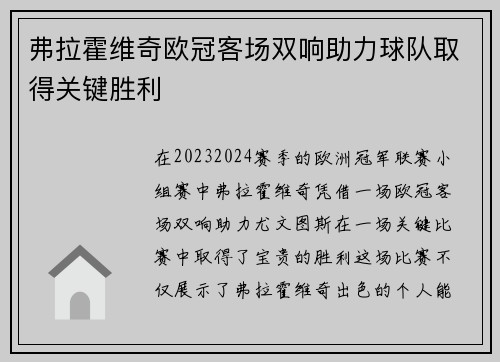 弗拉霍维奇欧冠客场双响助力球队取得关键胜利